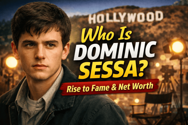 Dominic Sessa portrait with Hollywood background and text 'Who Is Dominic Sessa? Rise to Fame & Net Worth'