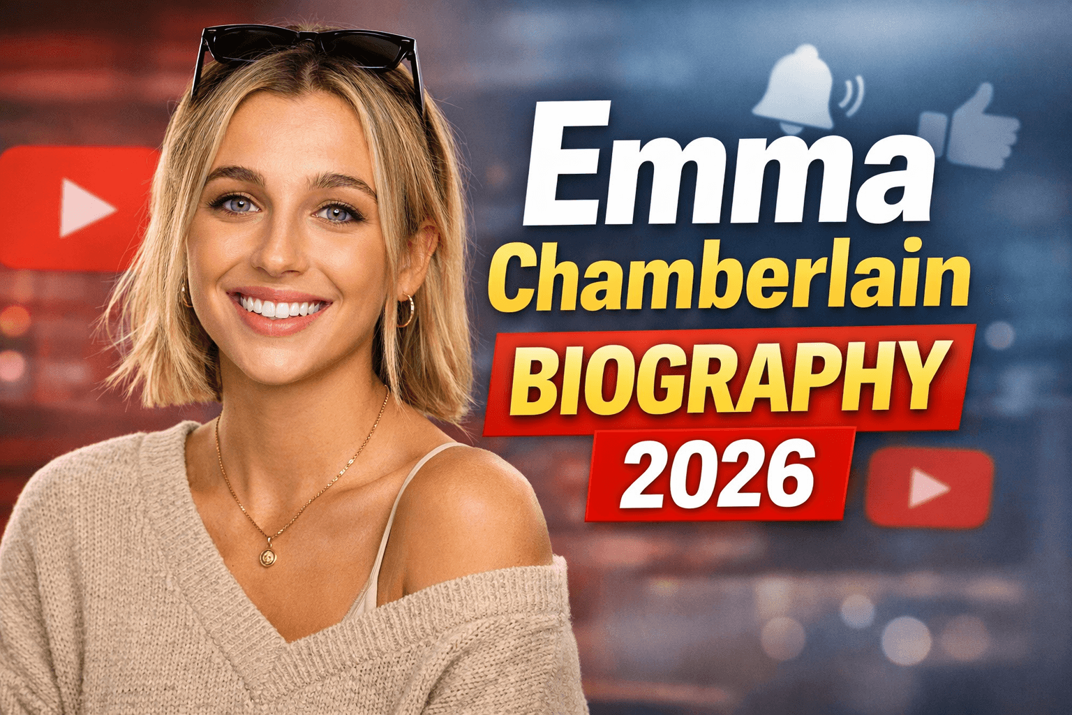 Emma Chamberlain smiling with casual fashion, YouTube icons in background, Emma Chamberlain Biography 2026