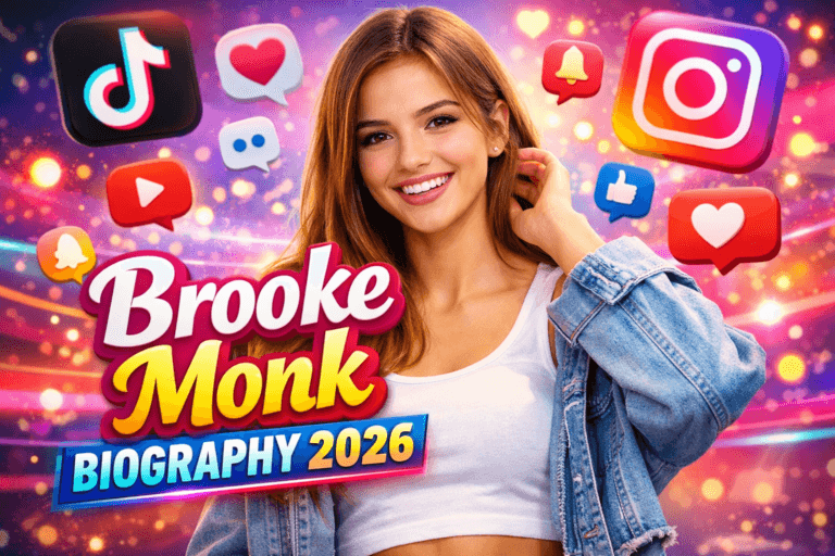 Brooke Monk smiling in casual outfit with social media icons background, blog thumbnail for Brooke Monk Biography 2026