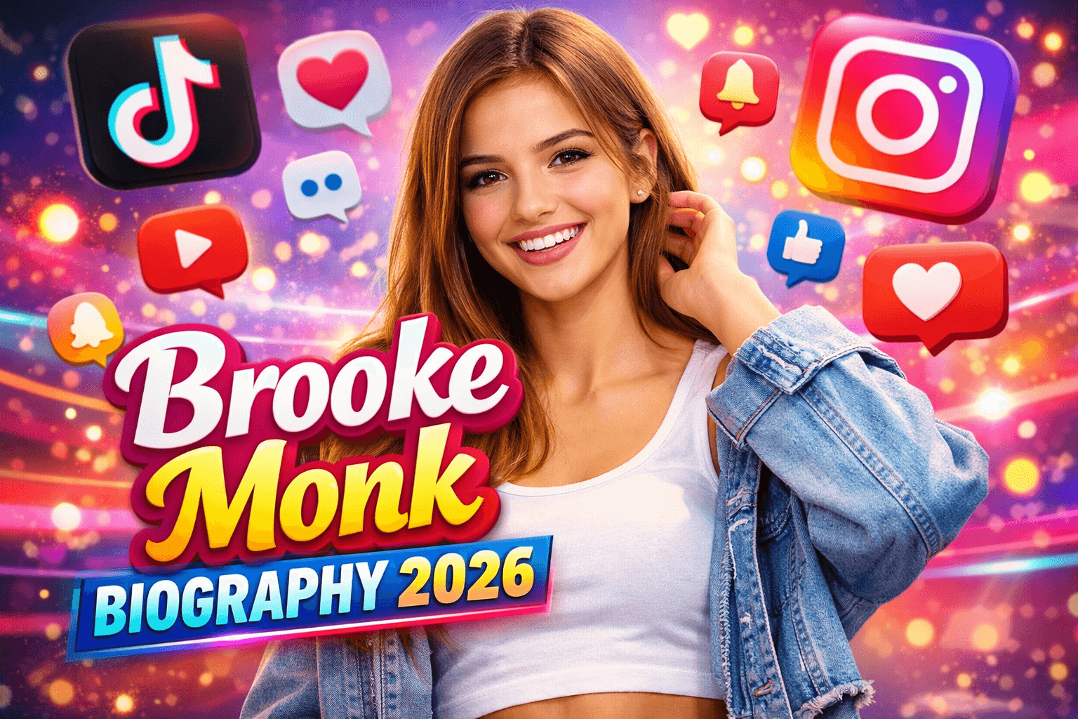 Brooke Monk smiling in casual outfit with social media icons background, blog thumbnail for Brooke Monk Biography 2026